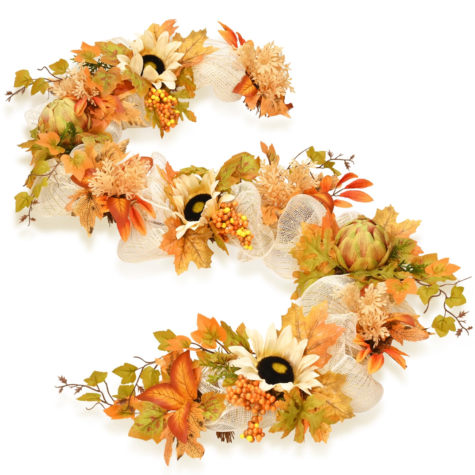 Photo 1 of Dolicer Fall Decor Fall Garland, 5.9Ft Fall Leaves Garland for Mantle, Hanging Mesh Ribbon Autumn Sunflower Maple Leaf Garland with Artichoke for Table Wall Fireplace Front Door Thanksgiving Decor