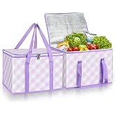 Manuqia 2-Pack Insulated Reusable Grocery Bag with Zippered Top, Shopping Bags, 40L X-Large Collapsible Insulated Cooler Bag for Groceries, Cooler Shopping Accessories, Purple