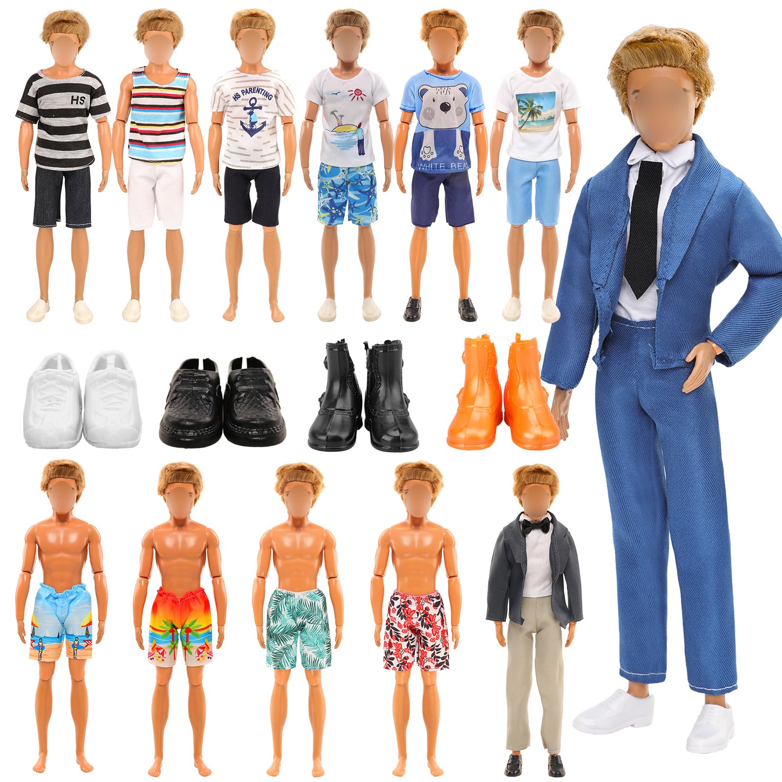Miunana Lot 37 pcs Random Doll Clothes Shoes Set for 11.5 inch Doll, Includ 5 PCS Boy Doll Clothes + 10 Girl Clothes + 5 Girl Fashion Skirts + 2 Pairs for Boy Shoes + 15 Pairs of Girl Doll Shoes