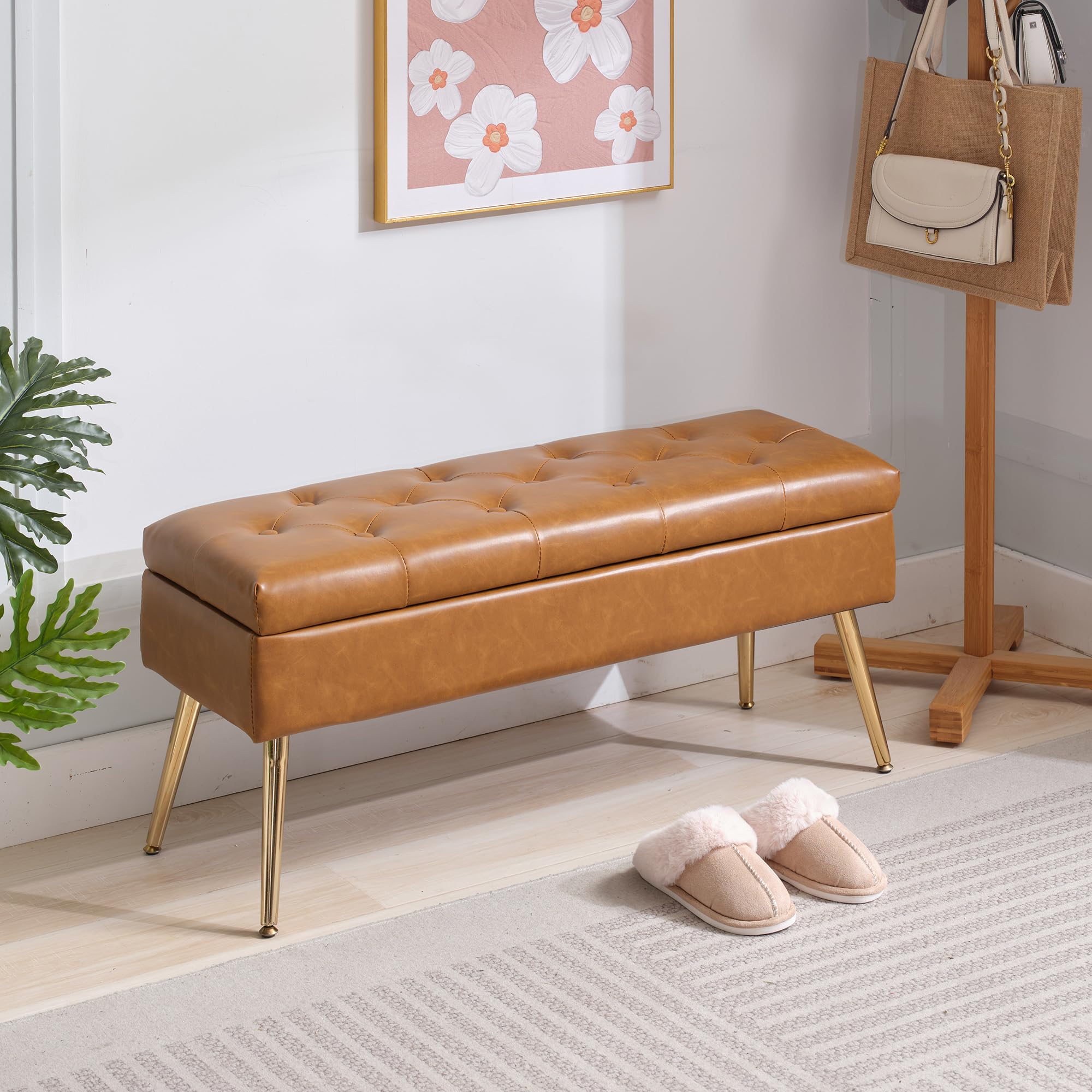 Photo 1 of SNOWDROP Storage Bench-Entryway Bench,Ottoman for Bedroom End of Bed,Modern Leathers Oil Wax Brown Benche Bedroom Benches for Foot of Bed,Upholstered Bench with Golden Legs 40"
