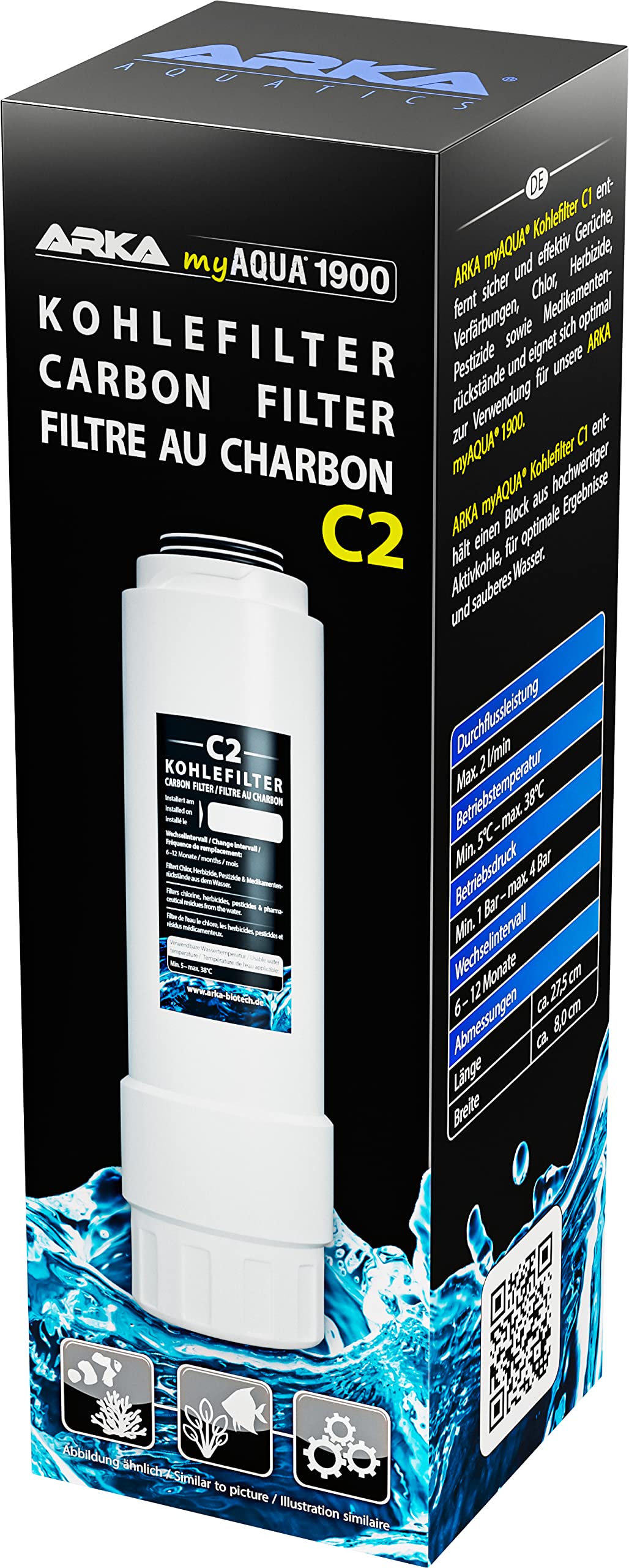 ARKA - myAqua1900 C2 Carbon Filter for Filtering Dirt Particles and Impurities Such as Rust & Sand, Chlorine, Herbicides, Pesticides & Medication Residues from The Water,