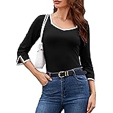 TAIPOVE 3/4 Length Sleeve Womens Tops Square V Neck Dessy Tshirts Color Block Fitted Casual Spring Blouses