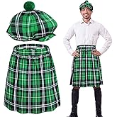 Funtery 2 Pcs St. Patrick's Day Costume Kit Irish Plaid Green Kilt for Men Scottish Tam with Pompom Tartan Skirt Kilts St Patricks Day Scottish Hat for Men Women