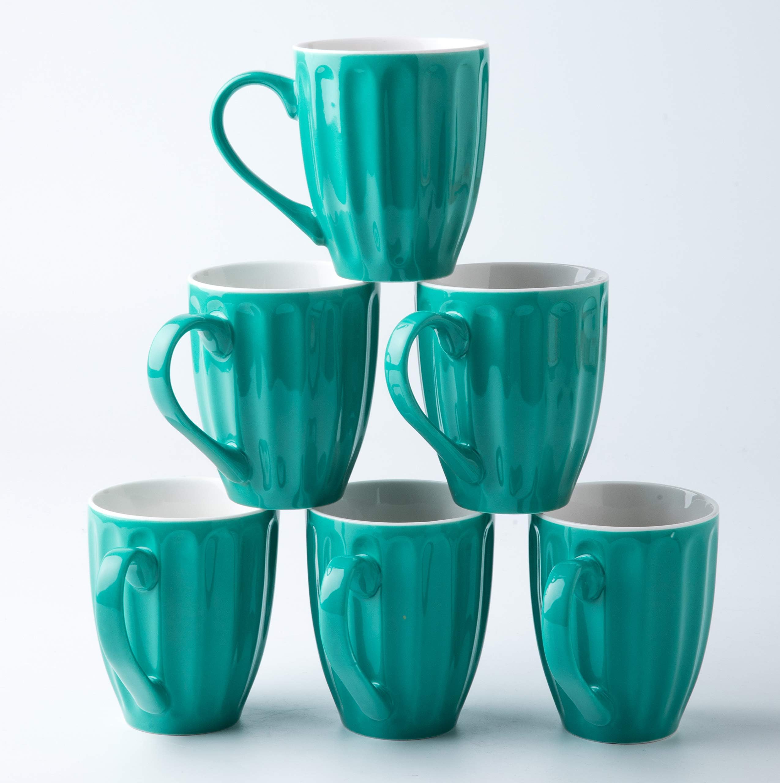 Amuse- Professional Porcelain Bistro Collection Fluted Mugs- Set of 6-12 oz (Mint Blue)