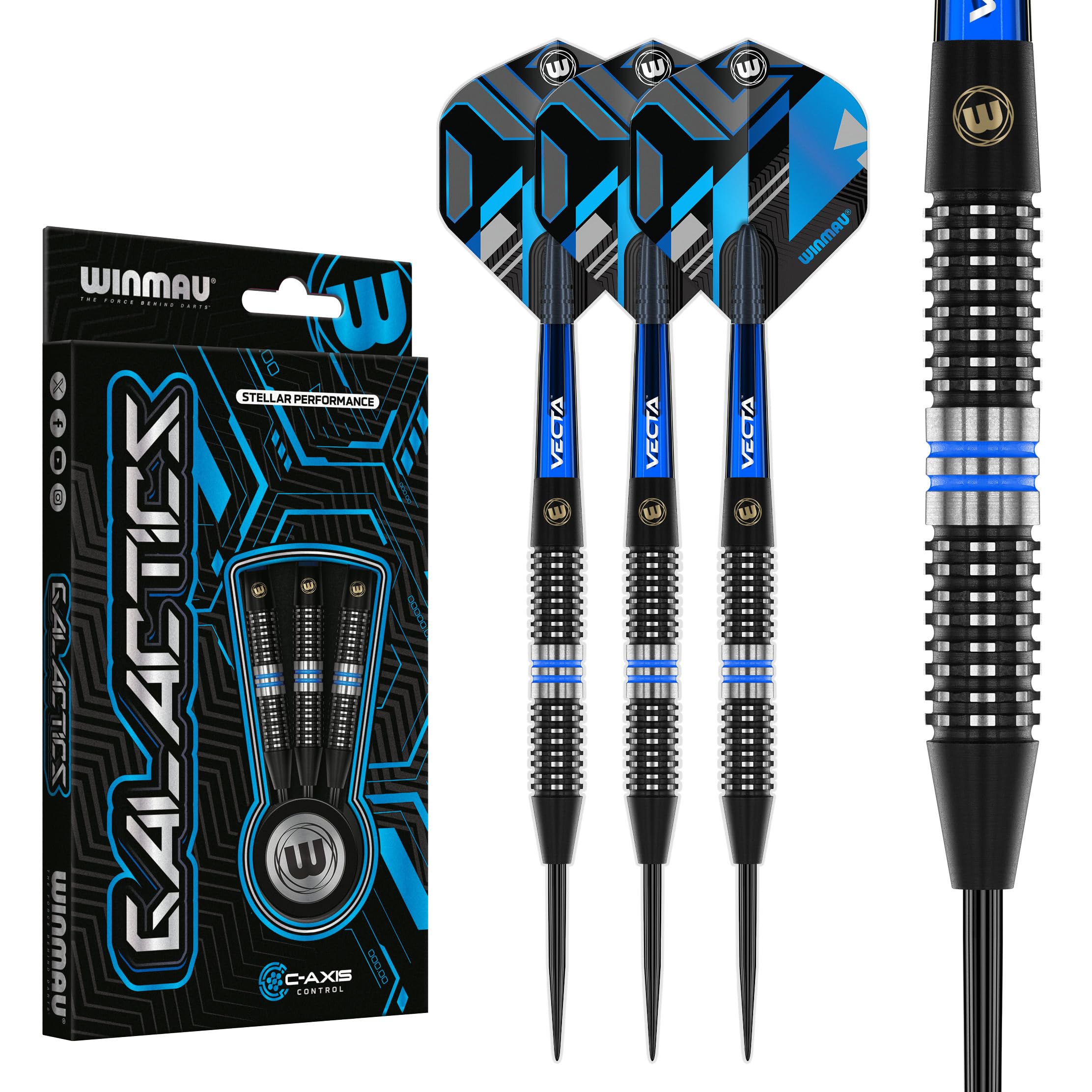 WINMAU Darts Galactics 90% Professional Tungsten Steel Tip Darts Set with Dart Flights and Dart Shafts (Stems) - Steel Tip - 24g
