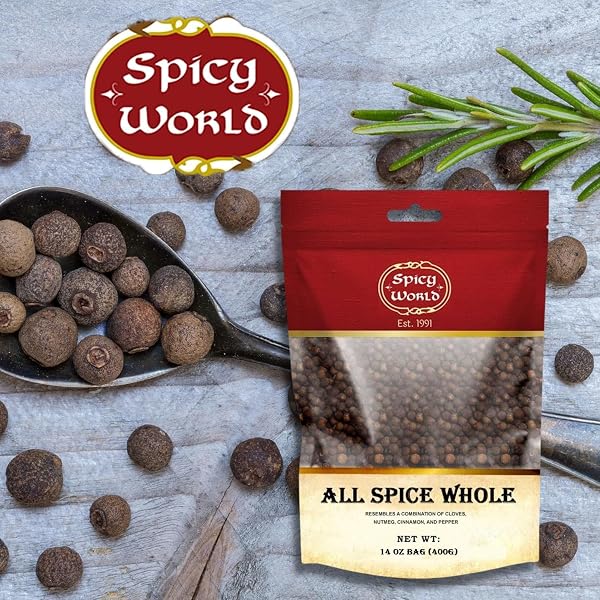 SPICY WORLD WHOLE ALLSPICE BERRIES 14 OZ RESEALABLE BAG | ALL SPICE PIMENTO JAMAICA PEPPER FOR COOKING & SEASONING | VERSATILE BERRY FOR CURRIES, SOUPS AND EVEN PASTRIES