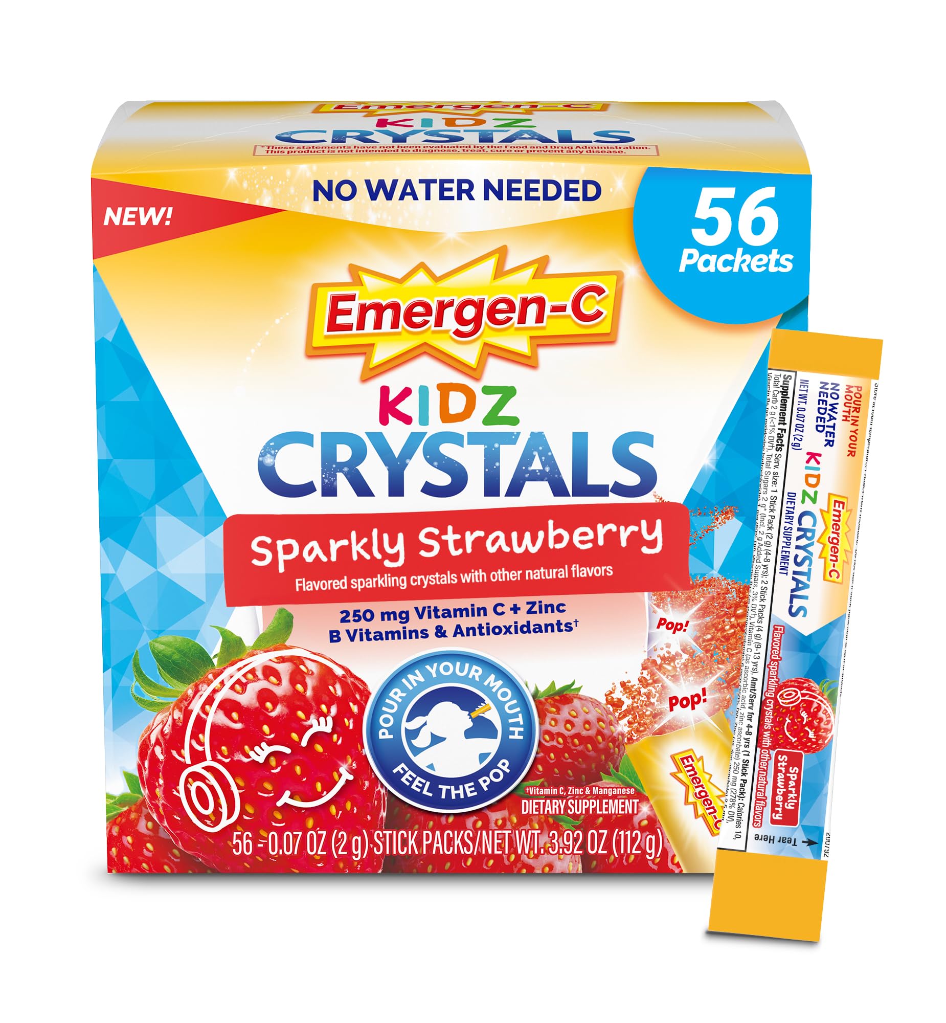 Emergen-C Kidz Crystals, On-the-Go Emergen-C Immune Support Supplement with Vitamin C, B Vitamins, Zinc and Manganese, Sparkly Strawberry, Stocking Stuffer - 56 Stick Packs