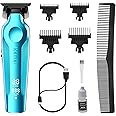 KEMEI Hair Trimmer for Men, Zero Gapped Cordless Hair Clippers Beard Trimmers with T Blade, Rechargeable Barber Clippers with LED Display, Blue