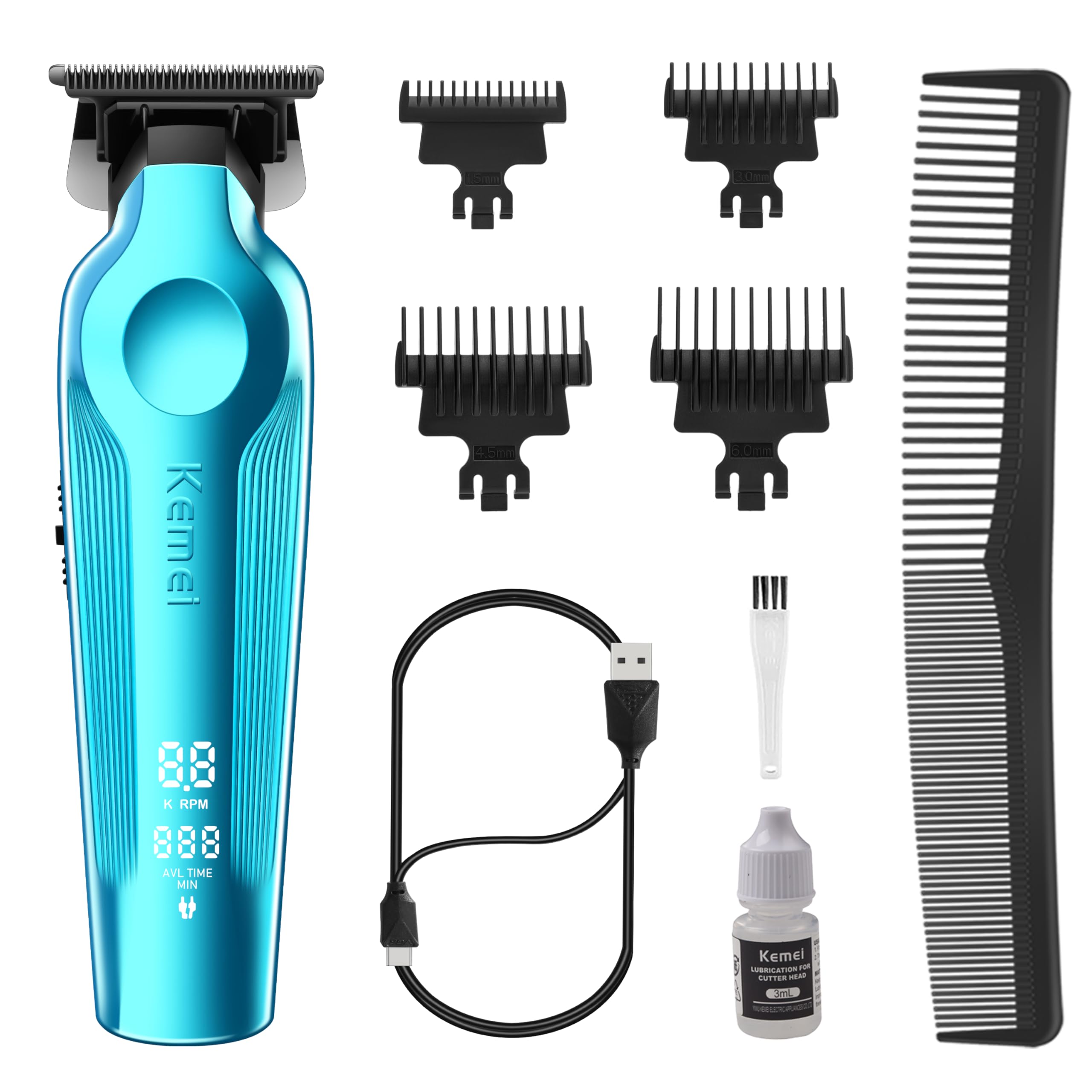 KEMEI PRO Hair Trimmer for Men, Zero Gapped Cordless Hair Clippers for Barber with T Blade, Rechargeable Barber Clippers with LED Display, Blue