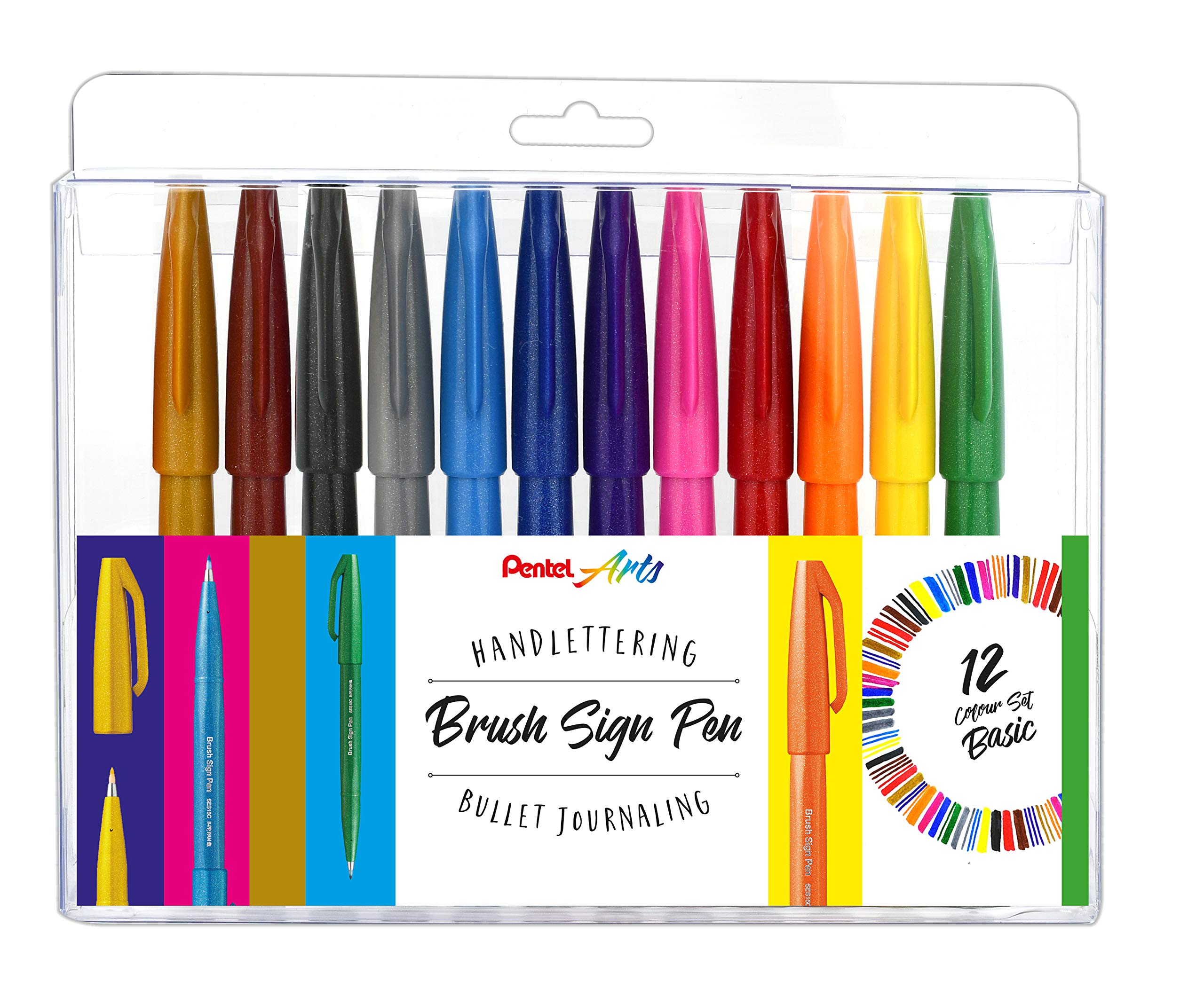 Pentel SES15-12 Brush Sign Pen Basic Assortment, Fibretip Pen, Brush-like Tip, Pack of 12, Assorted Colours