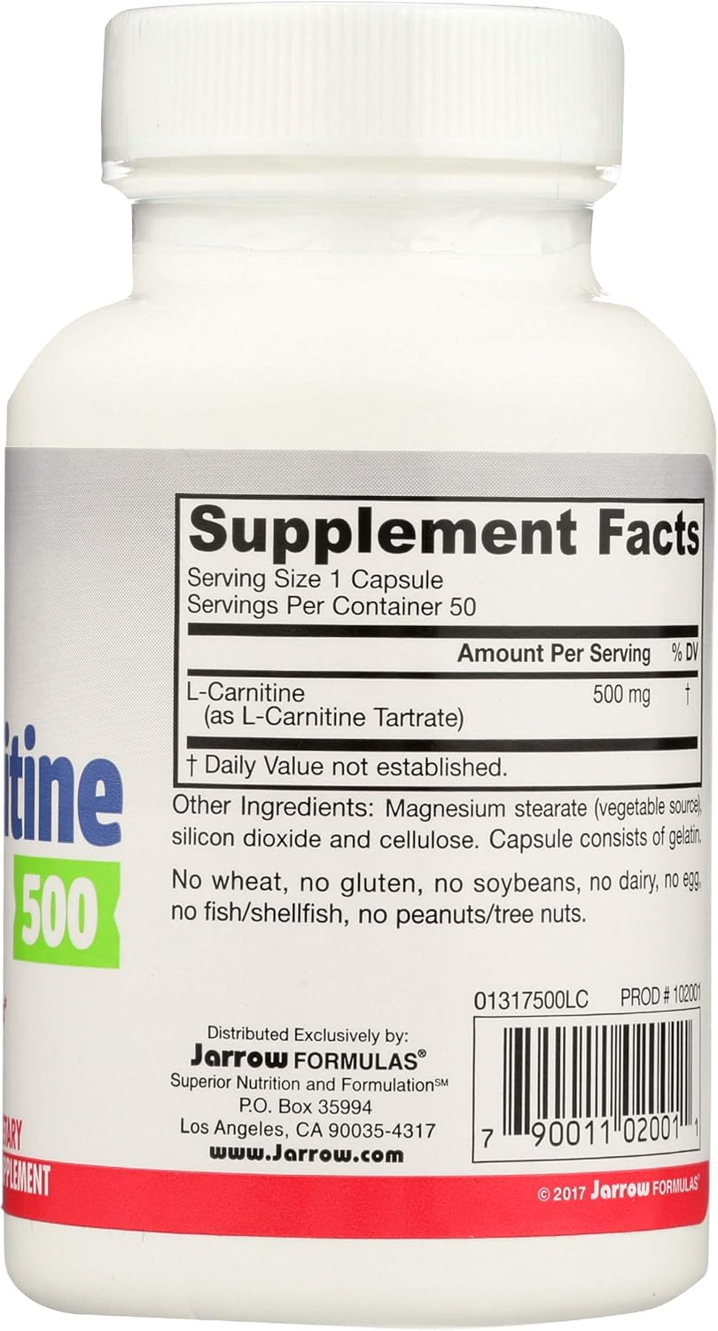 Jarrow Formulas L-Carnitine Tartrate, for Brain Energy and Heart Support, 500mg, 100 Capsules: Health & Personal Care