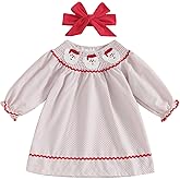 Doisbetthsay Toddler Baby Girl Christmas Dress Santa Long Sleeve A-line Smocked Christmas Dress for Winter Fall