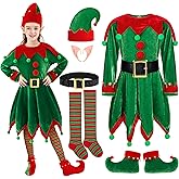 SOMSOC 6 Pack Girls Christmas Elf Costume Set Velvet Dress with Elf Hat Shoes Ears Belt Striped Over Knee High Socks