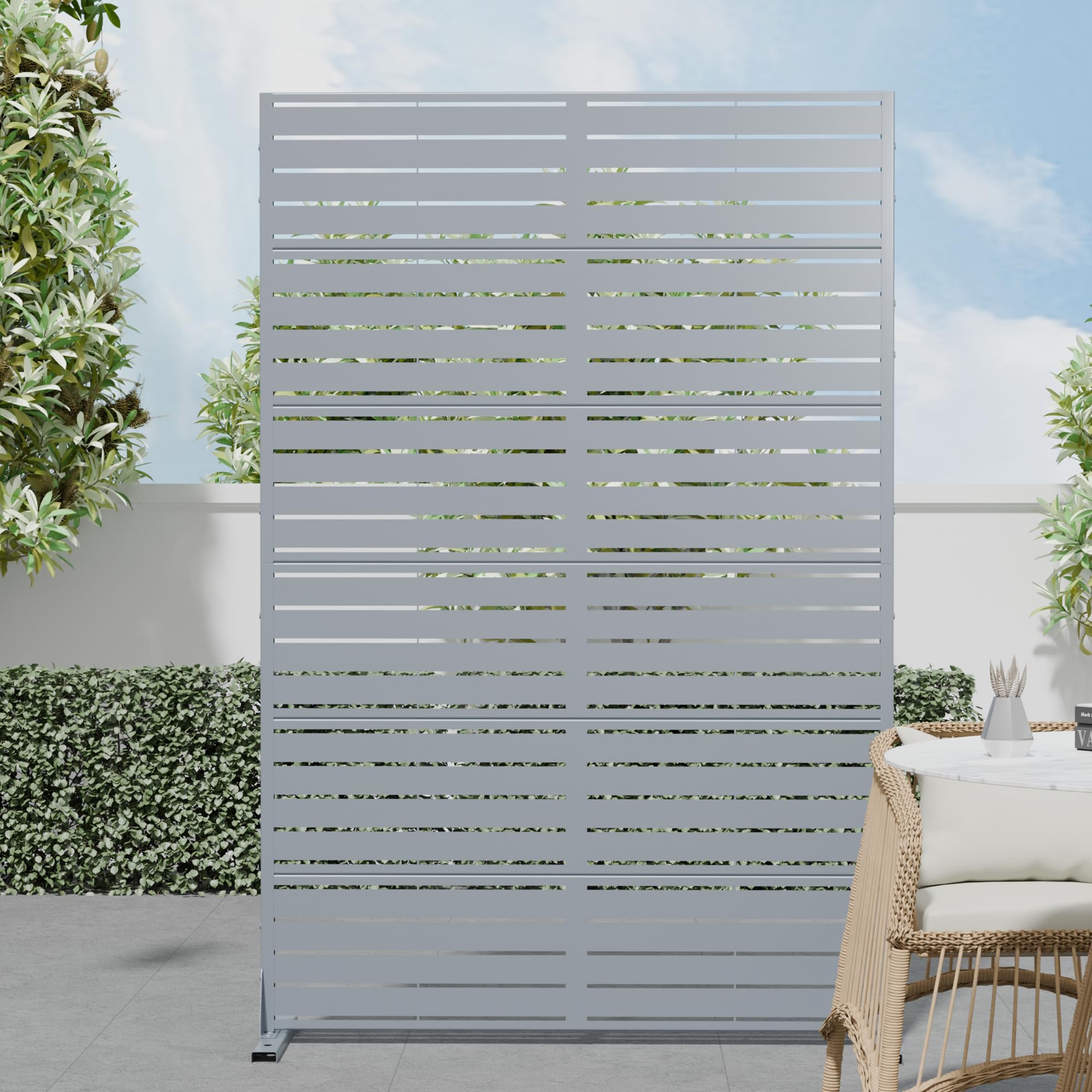 Photo 1 of Casaphoria Metal Privacy Screen Outdoor, 72" H x 47" W Freestanding Decorative Privacy Screen for Patio Deck Balcony Garden with Stable Base, Grey-Louvered