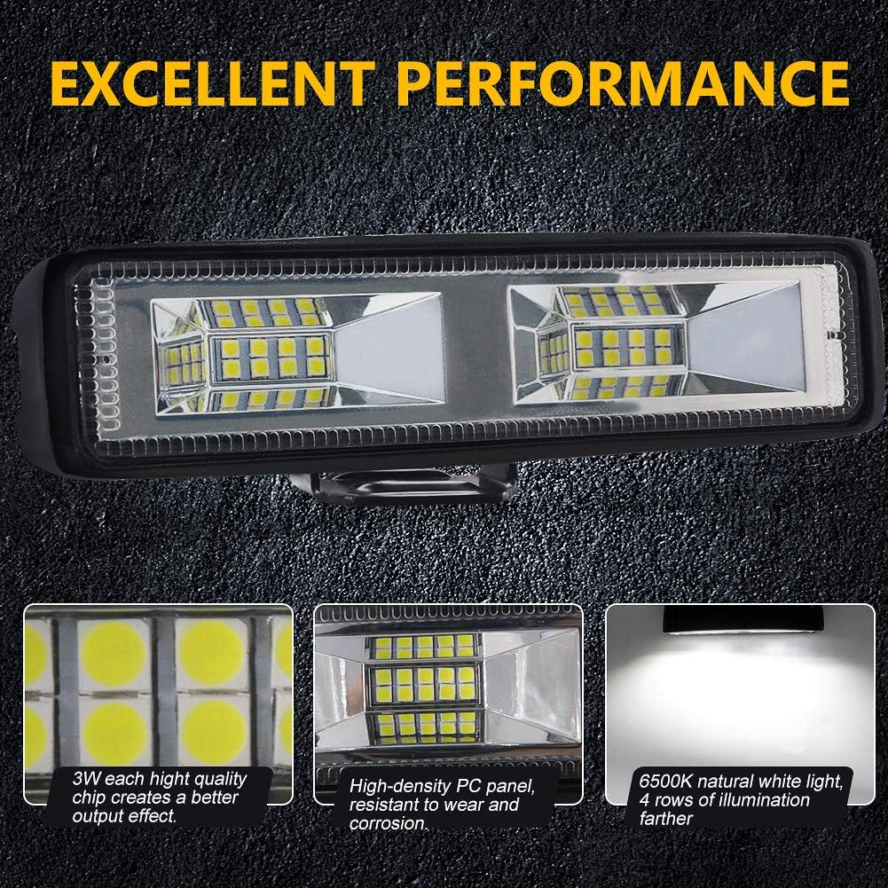 48W LED Work Light Bar,6" LED Flood Lights Off Road Driving Fog 12V 24V Roof Light Bar AuxiliaryIP68 2000LM for Motorcycle SUV Boat Truck 4x4 ATV UTV 2Pcs - Image 3