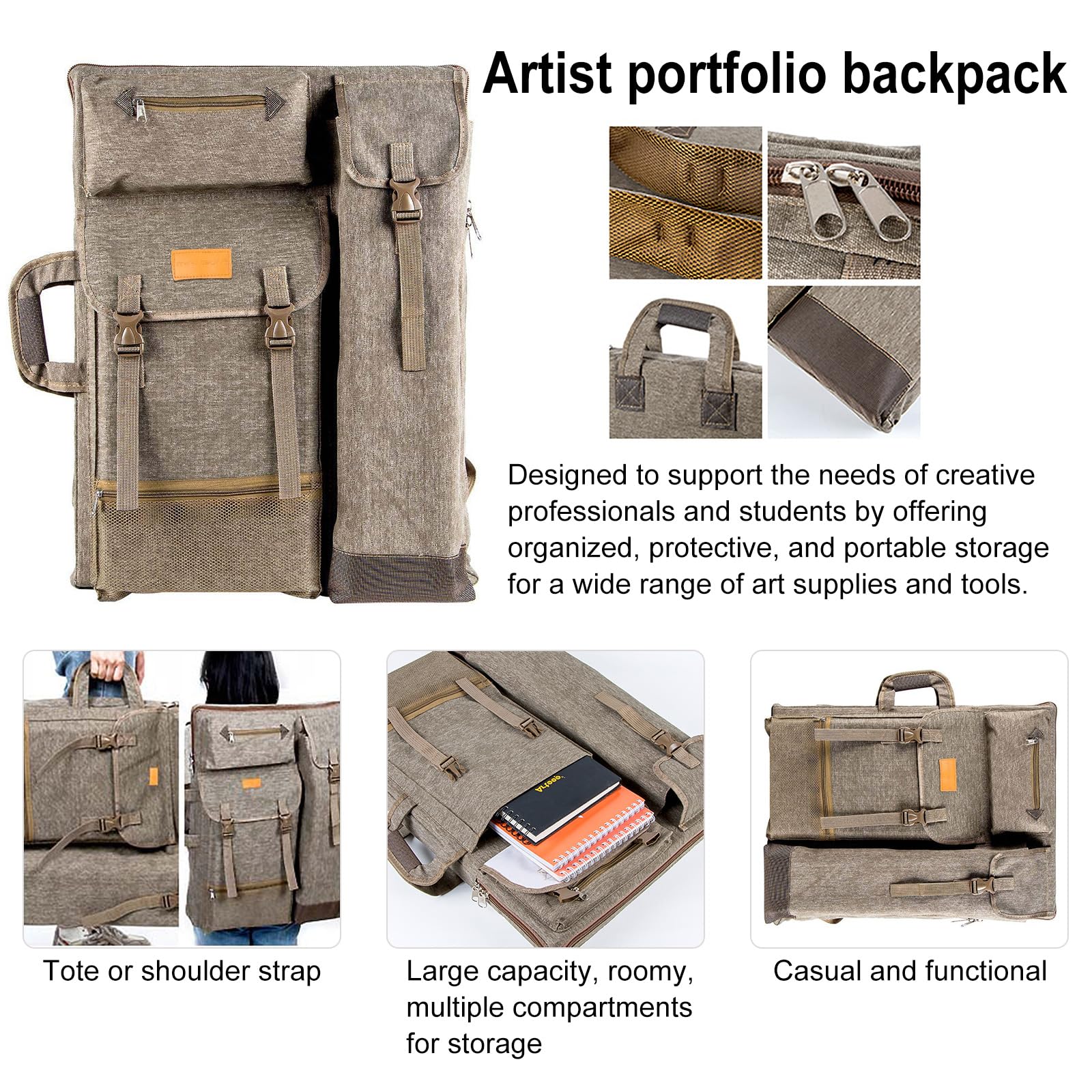 TRANSON Art Portfolio Case Artist Backpack Canvas Bag Large 26” x 19.5”