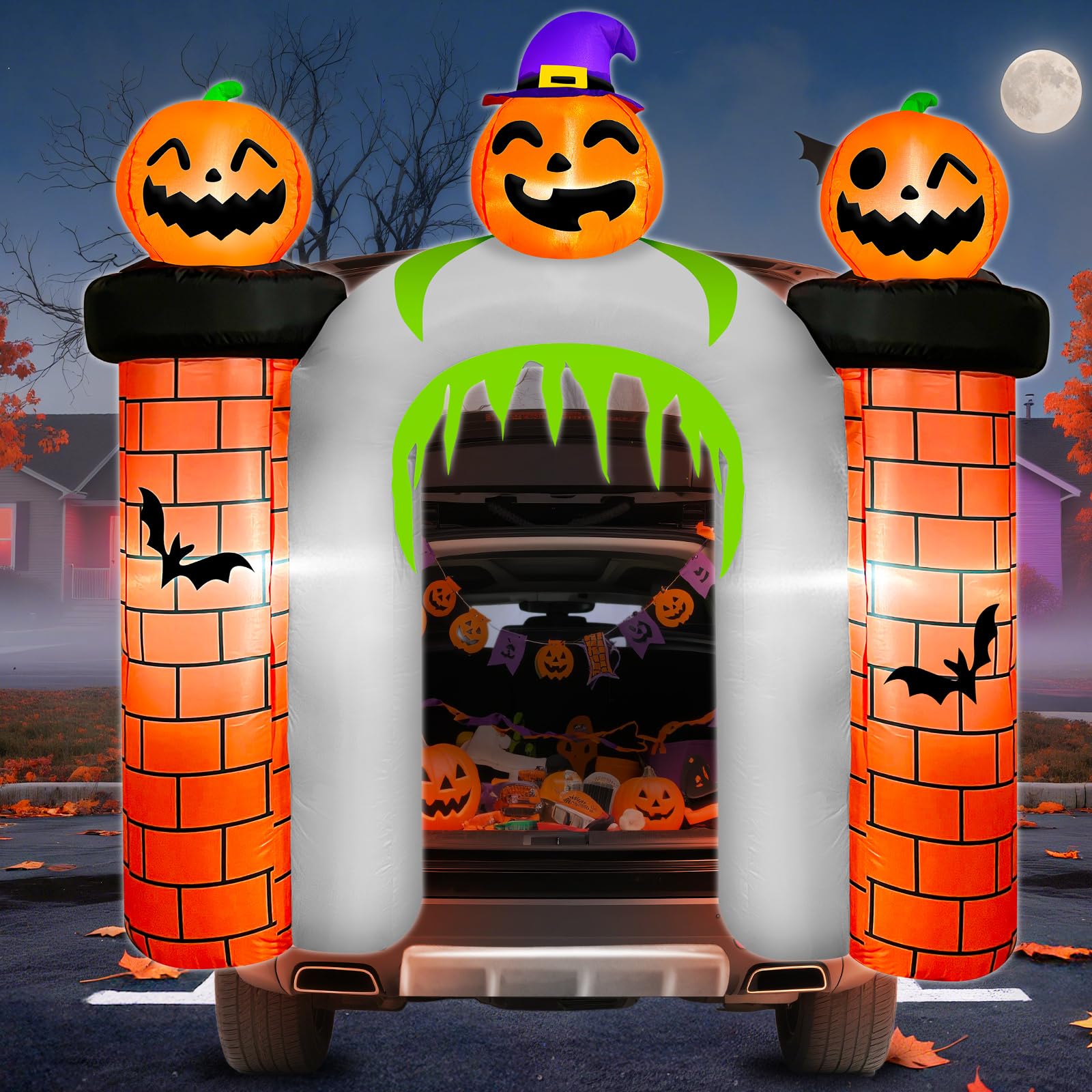 Photo 1 of 6.8FT Halloween Inflatable Trunk or Treat Car Decorations Witch Pumpkin Haunted Castle Blow Up Outdoor Halloween Decorations for SUV Halloween Inflatables with Built-in LEDs for Yard Lawn Party Decor