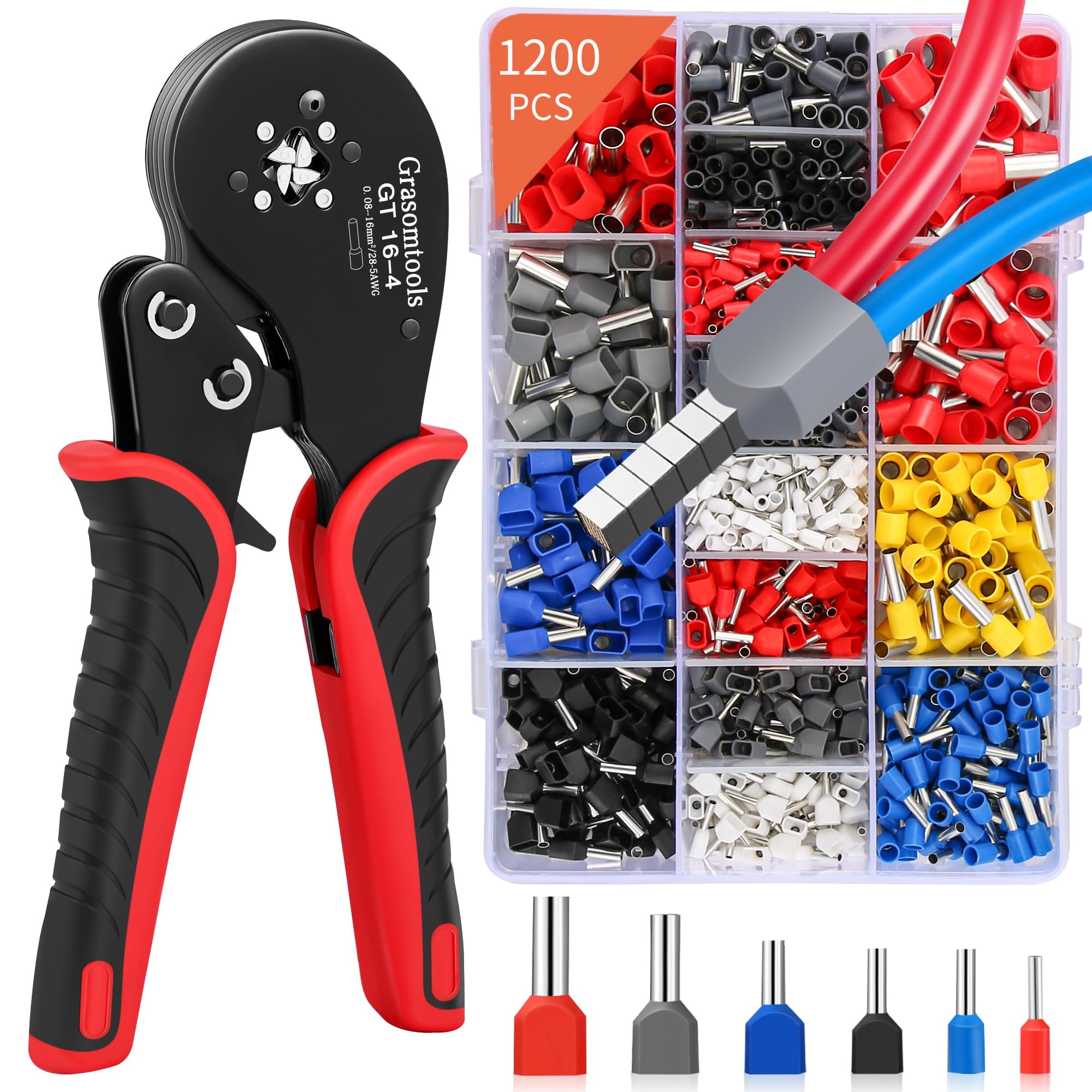 Grasomtools ® Ferrule Crimping Tool Kit, Double & Single Ferrules Connectors,GT16-4 Quadrilateral Ratchet Jaw Wire Crimping Pliers (0.08-16mm²) with 1200PCS Terminal Connector Sleeves