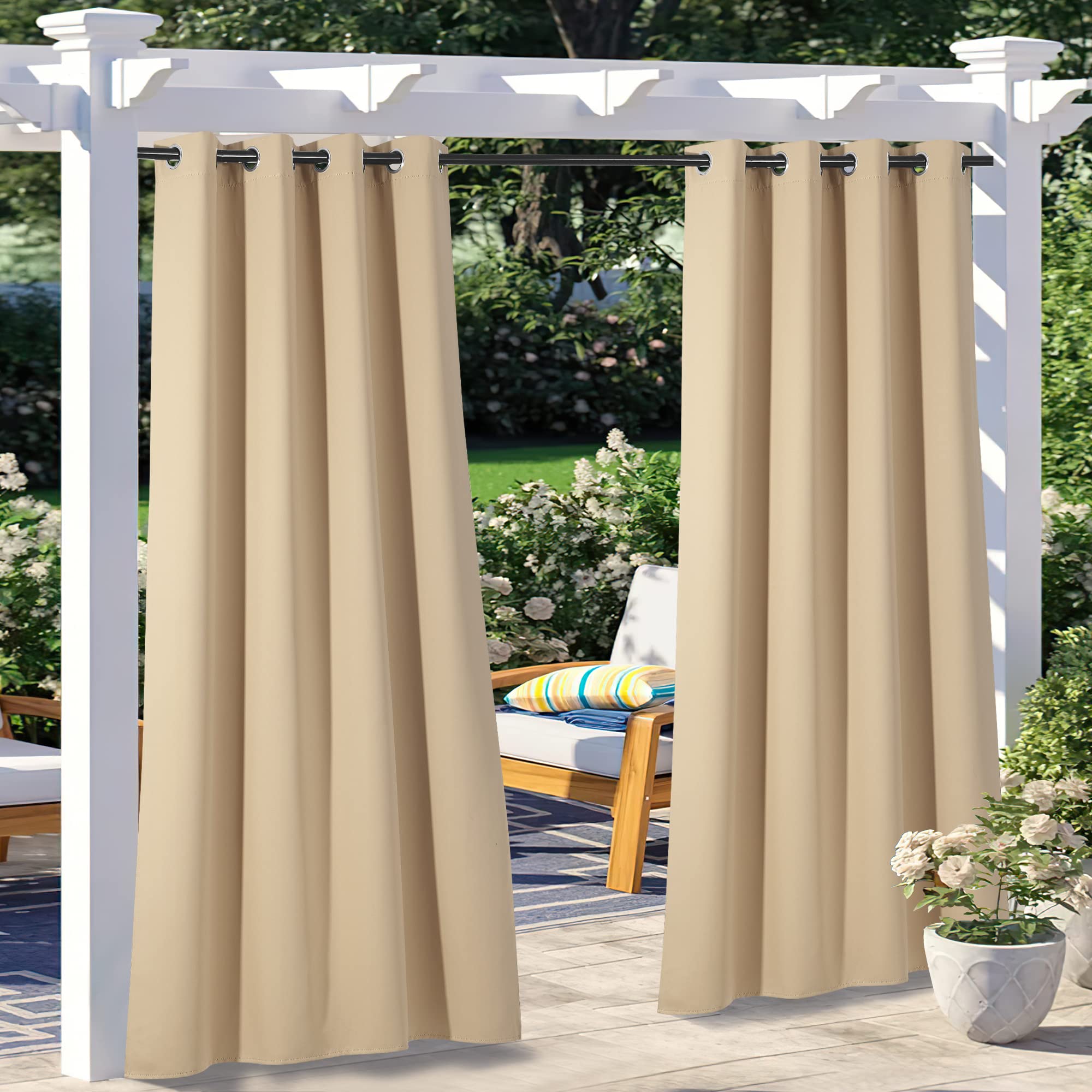 Photo 1 of NICETOWN Outdoor Curtains for Patio Waterproof 84 inches Long 2 Panels Set, Weatherproof Thermal Insulated Privacy Protection Curtains for Porch/Gazebo/Hallway, Biscotti Beige, W52 x L84 Inch