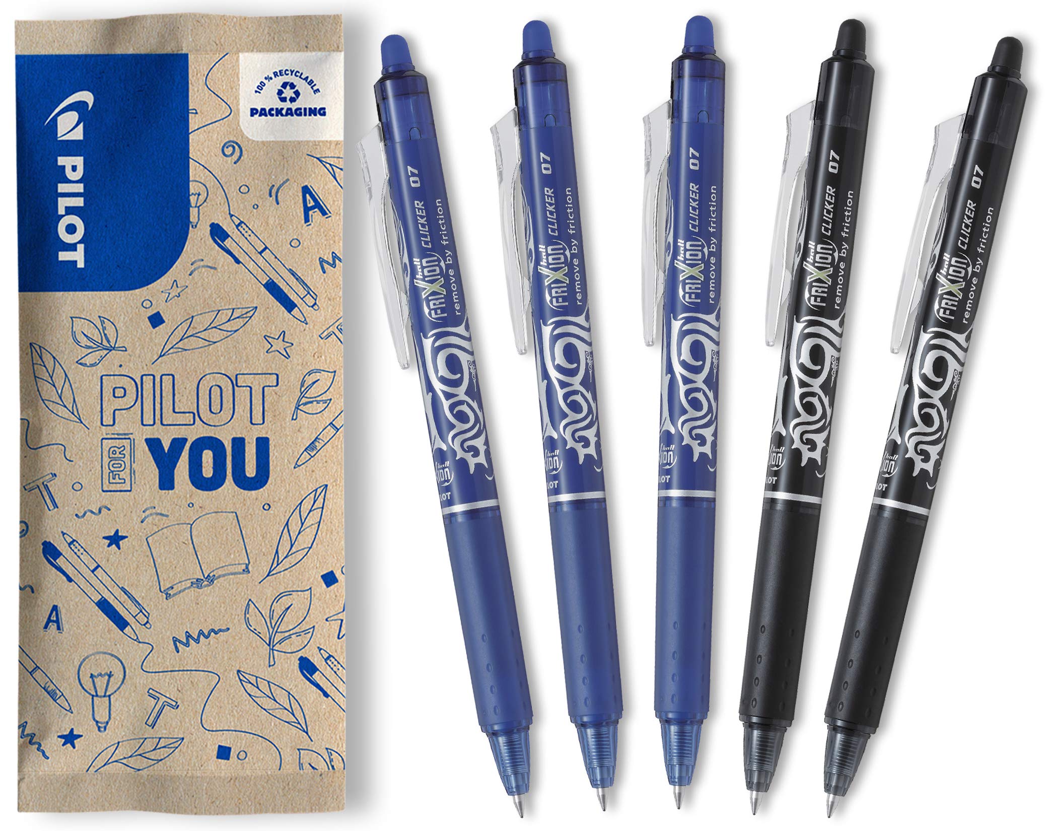 Pilot FLW538561 0.7 mm Frixion Erasable Retractable Rollerball Tip - 3 Blue/2 Black (Pack of 5)