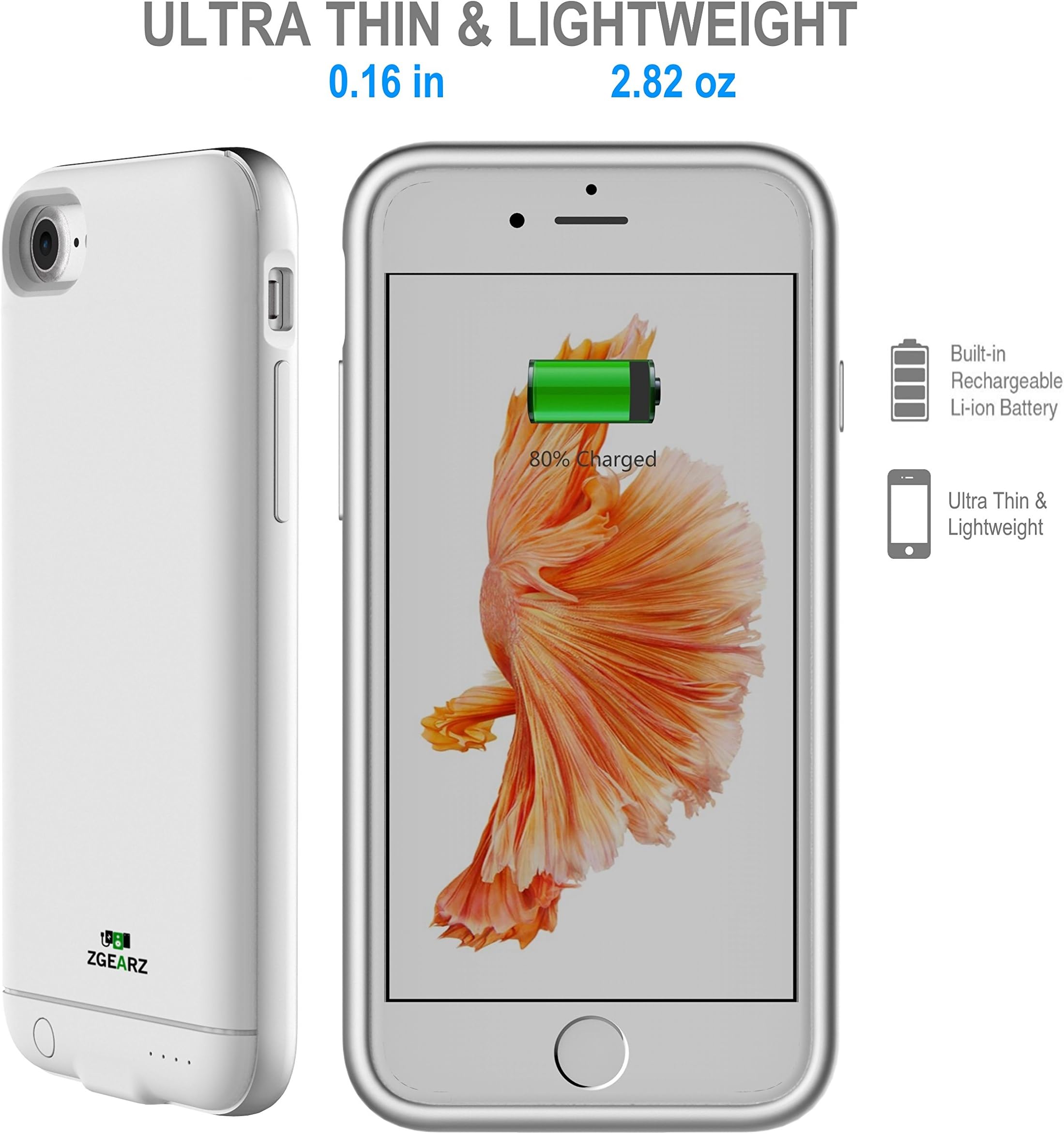 iPhone 7 Ultra Thin Battery Case, ZgearZ 2400mAh SuperLightweight Slim Charger External Rechargeable Power Pack. Use This Portable Protective Charging Cover Case as Backup Power for iPhone (White)