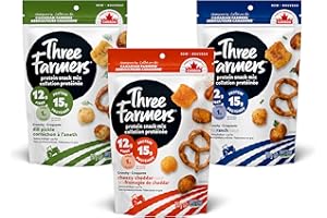 Three Farmers Protein Snack Mix, 15g Protein, 12g Fibre �C Crunchy Roasted Fava, Pea Puffs & Pretzels Healthy Party Mix in Dil