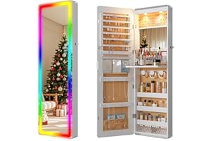 Lvifur LED Mirror Jewelry Cabinet - with RGB lights,Lockable Wall/Door Mounted Full Length Mirror with Storage,Hanging Jewelry Organizer-2 Drawers,Foldable Shelf,Built-in Lighted Mirror(White)