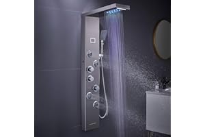 MENATT LED Shower Panel Tower System, 6 in 1 Stainless Steel LED Shower Column, Rainfall & Waterfall Head, Massage Jets, Tub Spout, Handheld Shower(Brushed)
