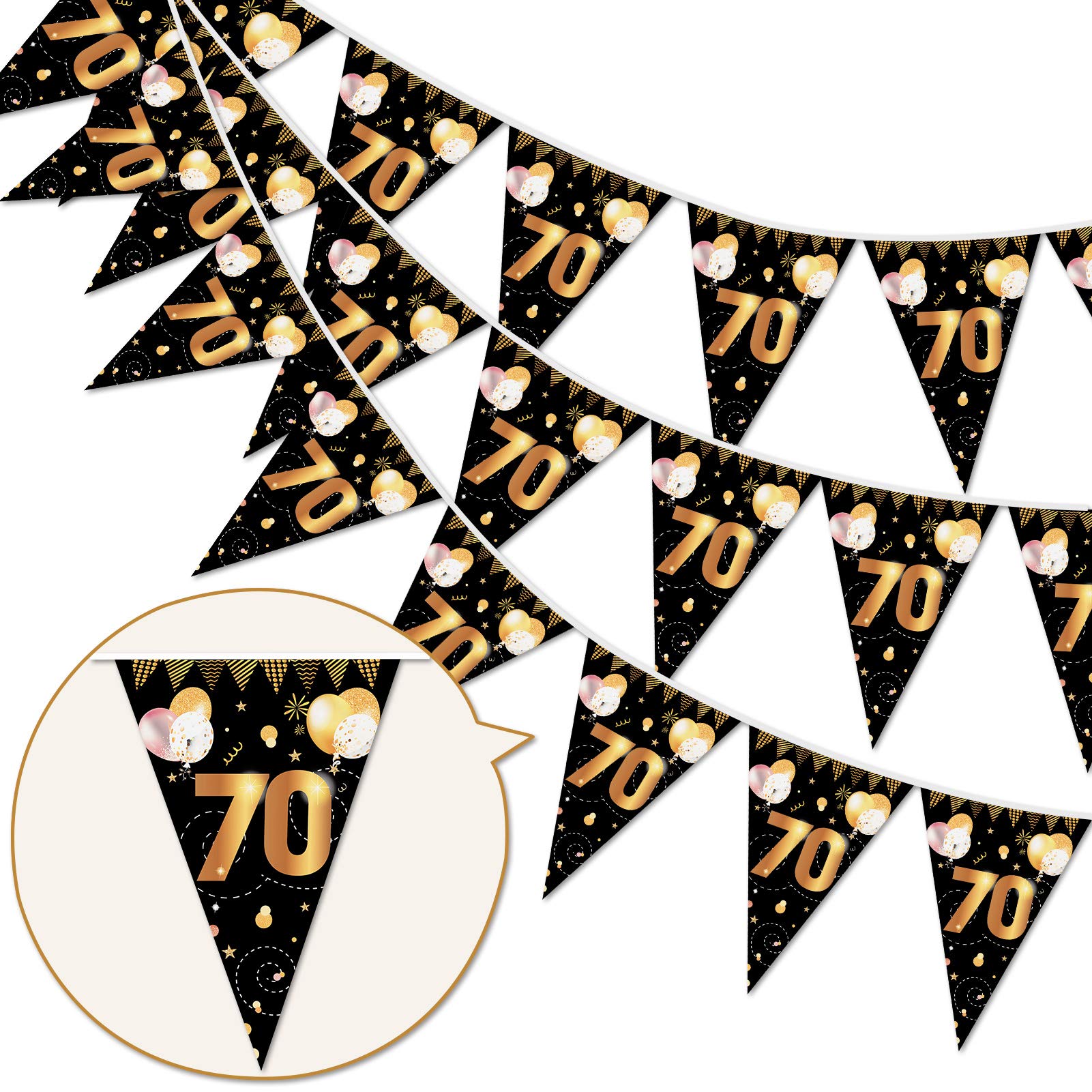 HOWAF Happy 70th Birthday Banner Bunting Flag Triangle Banner Gold and Black Glitter 70th Birthday Anniversary Party Decoration Supplies, 7.4 x 10.8 Inch