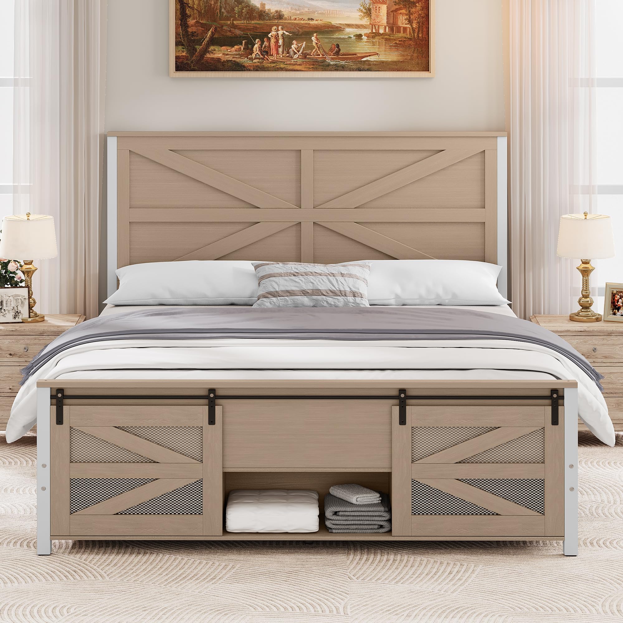 YITAHOME Queen Size Farmhouse Bed Frame with Sliding Barn Door Storage ...