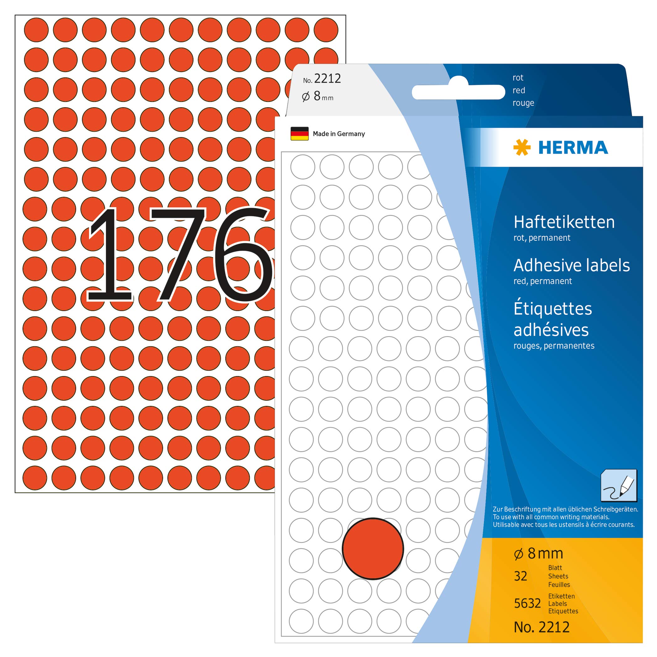 HERMA Dot Stickers Red, 5632 Labels, Ø 8 mm, 176 Labels per Sheet, Self Adhesive Round Colour Labels Stickers, Blank Marking Dots, Sticky Circle Stickers for Color Coding Calendar