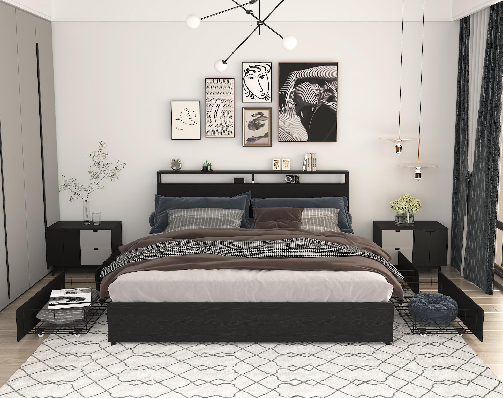 Photo 1 of Bellemave King Size Bed Frame with 4 Storage Drawers and Charging, King Size Bed Frame with Headboard and Charging Station and with Led Lightstation, No Box Spring Needed, (King, Black)