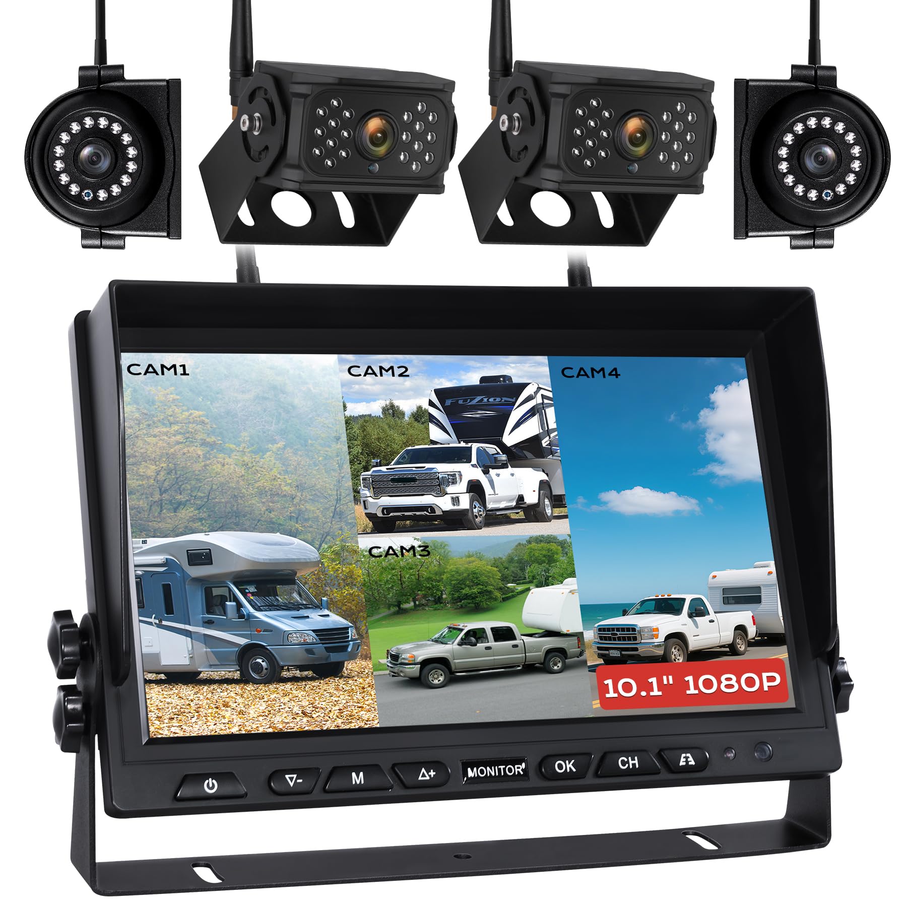Photo 1 of WOOCARTY 10.1" Wireless RV Backup Camera System, 2 Rear Cameras & 2 Side Cameras for Reversing/Monitoring Trailer Truck Pickup Camper, 1080P DVR Monitor, IP69K Waterproof IR Night Vision Camera, WN4