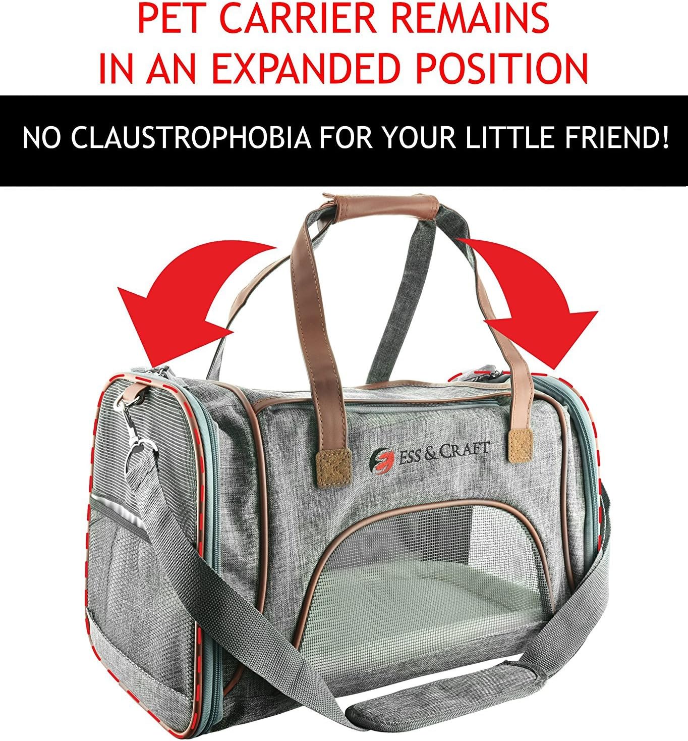 E Ess & Craft Soft Cat Carrier, Front Loading Airline Approved Pet Carrier with Sturdy Bottom & Soft Fleece Bedding, Ventilated Travel Carrier with Faux Leather Top Handle and Zipper Locks : Pet Supplies