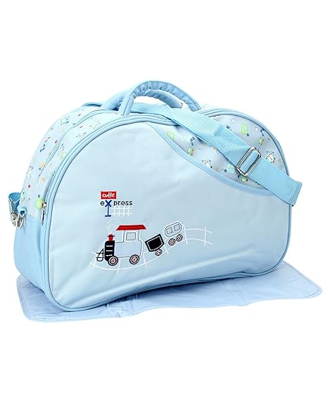 BornBabyKids Multi Embroidery and Print Diaper Bag with Diaper Changing Mat (Blue)