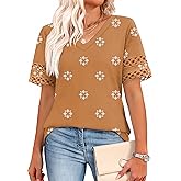 XIEERDUO Womens Summer Tops Dressy Casual Blouses for Women V Neck Short Sleeve Shirts Fashion Clothes Curved Hem Flowy