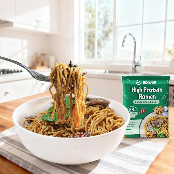 KONJOY HIGH PROTEIN RAMEN (23G), PLANT-BASED VEGAN RAMEN NOODLES WITH SICHUAN MALA SAUCE, NON-GMO, NON-FRIED, LOW FAT, HIGH-PROTEIN HEALTHY MEAL – 5 PACK