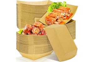 Cmkura 150 Pack Kraft Food Trays, 2 LB Paper Food Boats, Disposable Brown Paperboard Serving Baskets for Grease Resistant Fast Food, Hot Dog Nacho and Party Snack Holder