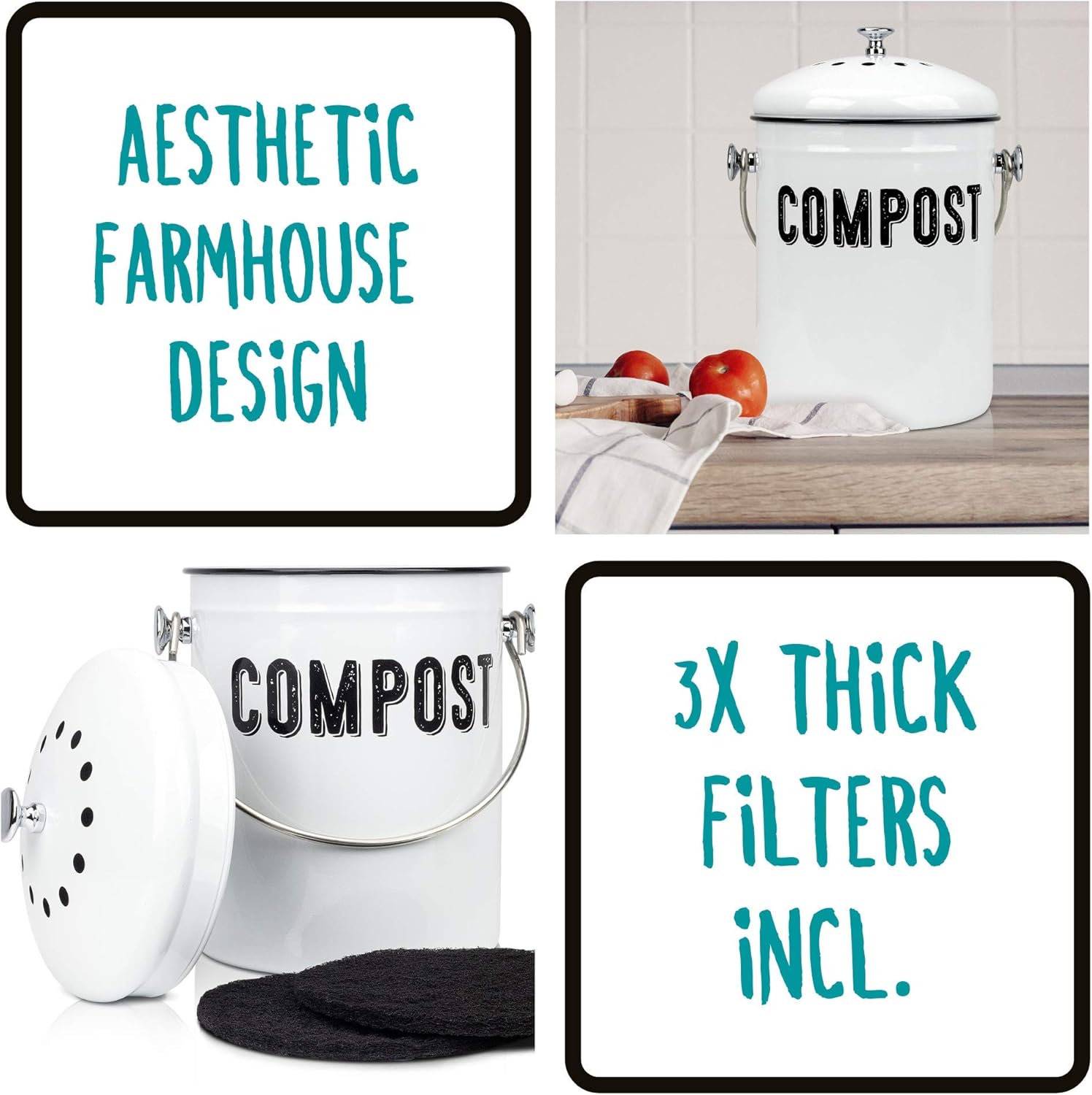 Granrosi Stylish Farmhouse Kitchen Compost Bin - 100% Rust Proof w/Non Smell Filters - Easy Clean 1.3 Gallon Container Looks Fabulous on Your Kitchen Countertop : Garden & Outdoor