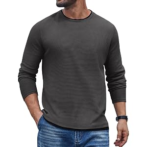 COOFANDY Mens Long Sleeve Tee Shirts Cotton Waffle Crewneck Pullover Tshirts with Contrast Trim