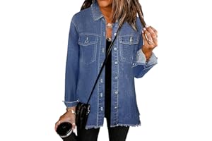 Bosmeer Women's Oversized Jean Jacket Casual Long Sleeve Denim Shirts Distressed Frayed Hem Denim Jackets Fall Outfits 2025