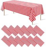 12 Pack Red and White Plastic Checkered Tablecloth, Premium Decorative Disposable Red Gingham Plaid Table Cloths for Parties, Rectangle Party Table Cover for Picnic Farm Birthday Wedding, 54x108 Inch