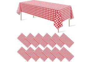 RAGNHILD 12 Pack Red and White Plastic Checkered Tablecloth, Premium Decorative Disposable Red Gingham Plaid Table Cloths for Parties, Rectangle Party Table Cover for Picnic Farm Birthday Wedding, 54x108 Inch