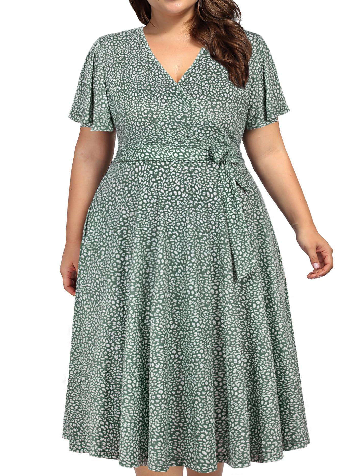 kissmay Beach Dresses for Women 2025 Vacation, Flower Dresses Plus Pleated Aline Dress with Sleeves Teal Summer Trending Dresses that Hide Belly Bulge Sage Green 24W Image