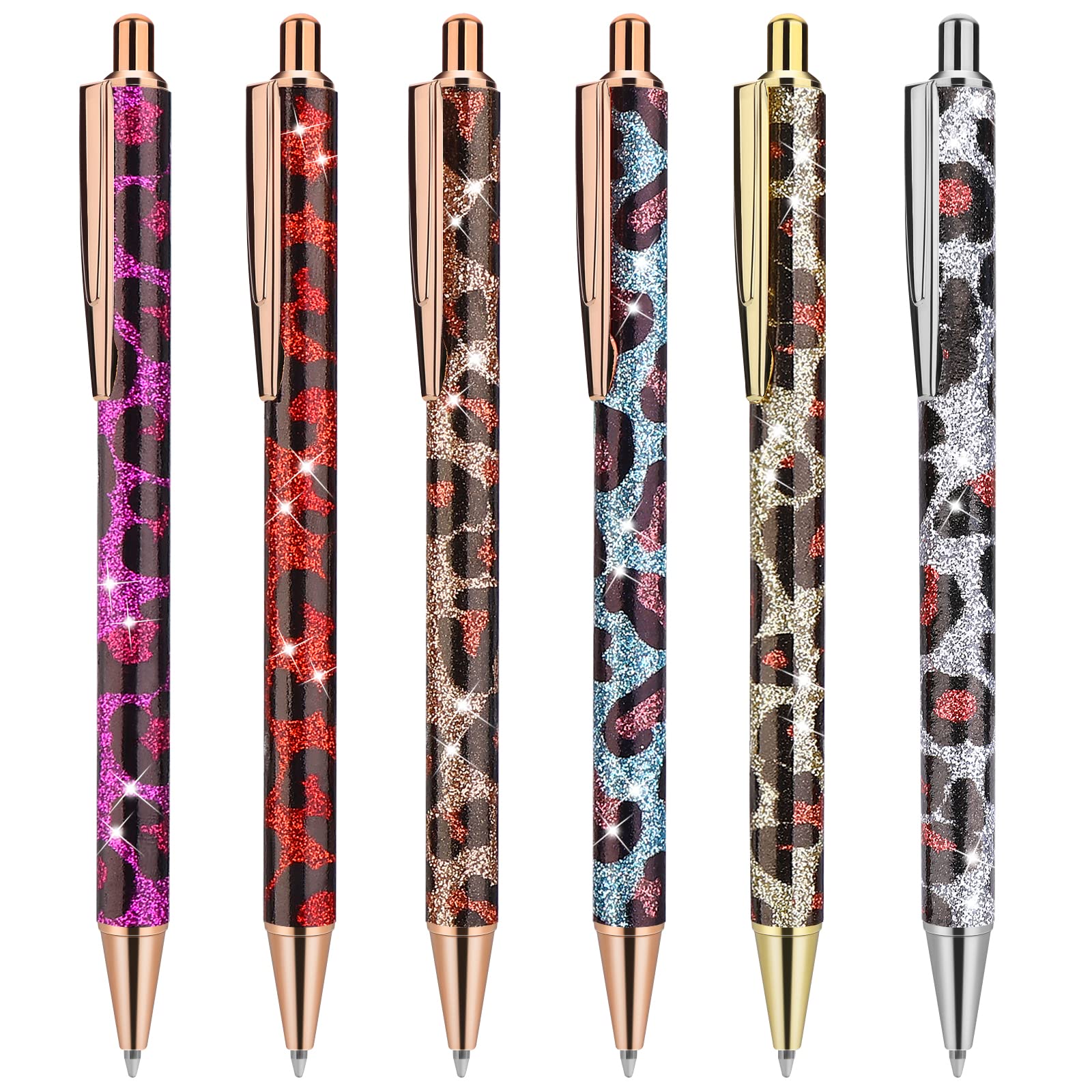 Cobee Bling Metal Pens, 6pcs Click Retractable Ballpoint Pens, 1.0mm Black Ink Ballpoint Pens, Metal Glitter Ballpoint Pens for Men, Women, School, Office, Home, Drawing(Leopard Print)