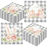 48Pcs Happy Easter Napkins Paper with Cute Bunny Flower and Gray Gingham, Easter Party Supplies Disposable Bunny Luncheon Napkins for Spring Holiday Birthday Party Baby Shower Dinner Kitchen Bathroom