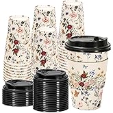 JarThenaAMCS 50 Sets Vintage Floral Coffee Cups with Lids and Sleeves 16oz Coffee Wildflower Paper Cups Disposable To Go Coffee Cups for Fall Cafes Shops Cappuccino Chocolate Beverage Cocoa
