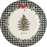 Spode Christmas Tree Collector Plate - Exclusive Border with Red Ribbon &amp; Black Check, Seasonal Display or Holiday Tableware Use, 8" Porcelain Plate - Microwave &amp; Dishwasher Safe, Great Holiday Gift