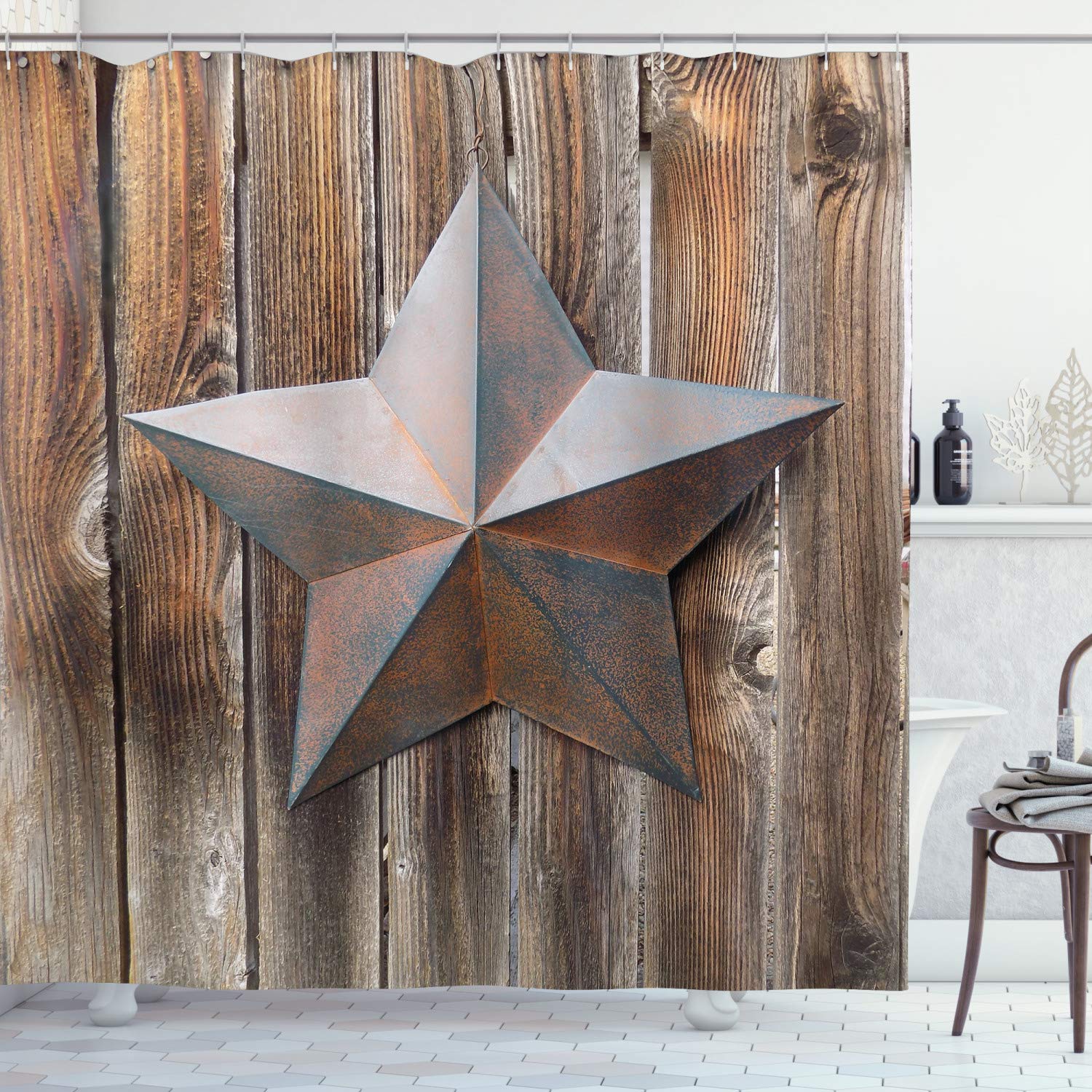 Ambesonne Primitive Country Shower Curtain Antique Rusty Star On The Weathered Wooden Planks Vintage Retro Image Cloth Fabric Bathroom Decor Set