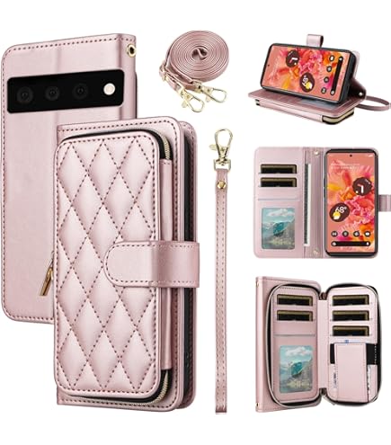 Phone Case For Google Pixel 6 Wallet Cover With Tempered Glass Screen Protector And Wrist Strap Lanyard RFID Credit Card Holder Ring Stand Cell Accessories Pixel6 Pixle Six Women Men Purple